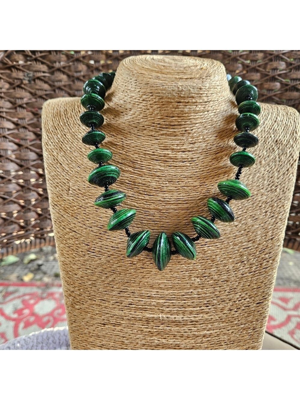 Uganda Handmade Green/Black Paper Spinner Beads Necklace